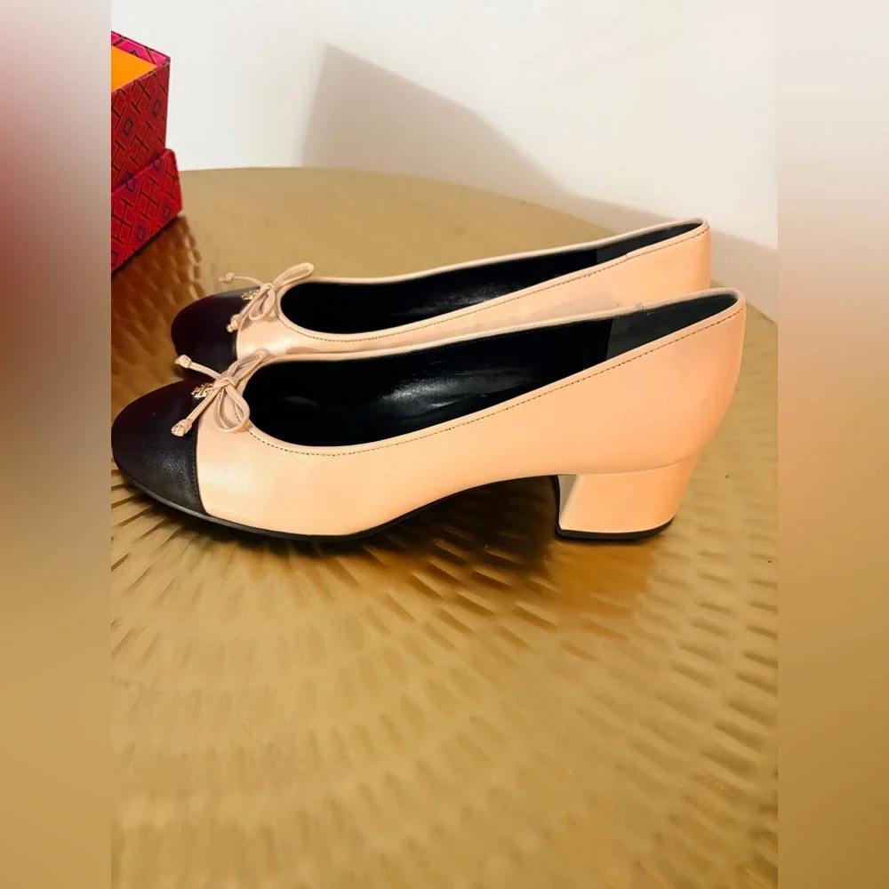 Tory Burch Pink Blush and Black Cap-Toe Ballet Flats